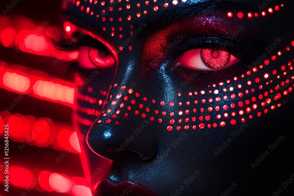 Leinwandbilder Face art illuminated by red lights featuring striking patterns and intense gaze in a dark setting at night