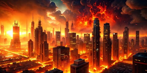Fototapeta premium Apocalyptic Cityscape: Burning Metropolis at Night - Dramatic Stock Photo
