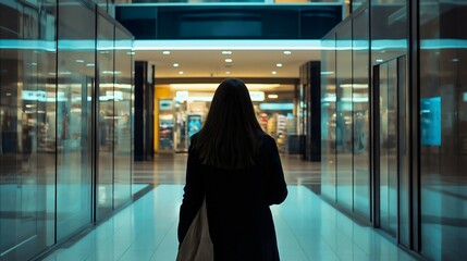 Nighttime Shopping Experience of a Woman in a Modern Mall Corridor