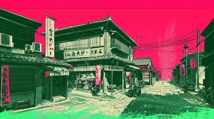 Chinese street, traditional design, unique illustration, vibrant colors, cultural, intricate details, and festive atmosphere