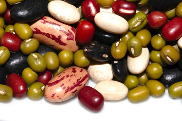 A Close Up of Dried Mixed Beans and Pulses on a White Background