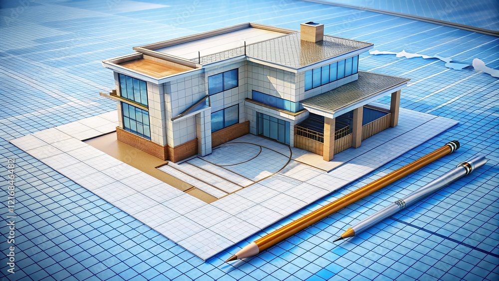 Aufkleber architectural design sketch on graph paper background - blueprint style stock photo