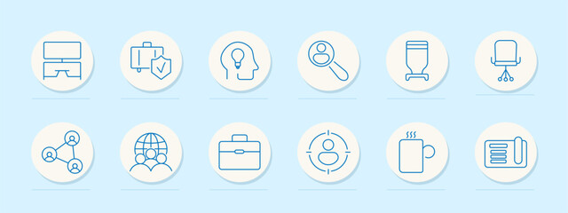 Workplace environment set icon. Desk, security, brainstorming, recruitment, meeting, teamwork, professional growth, leadership, relaxation, strategy, documentation