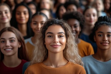 Obraz premium Young women gathered together, smiling and showcasing diversity in a community event