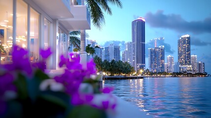 Fototapeta premium Stunning Cityscape at Twilight with Modern Architecture and Purple Flowers