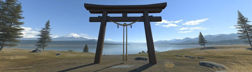 Serene torii gate by lake, mountains backdrop. Peaceful landscape