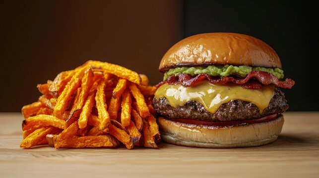 Indulge in a gourmet burger featuring creamy avocado, crispy bacon, and melted cheese, perfectly paired with a side of sweet potato fries at a cozy eatery