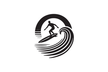 simple and subtle surfing vector silhouette black and white, set against a white background. 