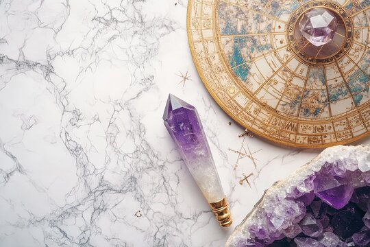 A flat lay of astrology charts and a single crystal wand arranged on a marble surface. picture
