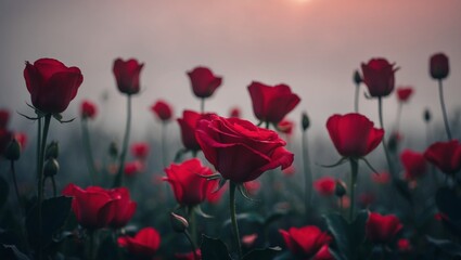 Obraz premium Red Flowers and hearts on a blurred background for Valentine's Day.