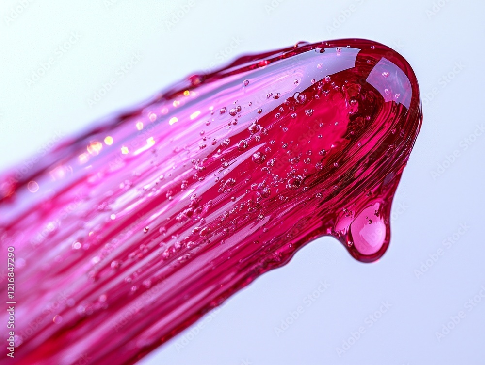 Poster clear pink lip gloss is captured mid drip from rounded applicator tip highlighting its glossy textur