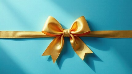 A luxurious golden ribbon bow elegantly tied on a vibrant blue backdrop, casting a soft shadow, ideal for celebratory or gifting designs.