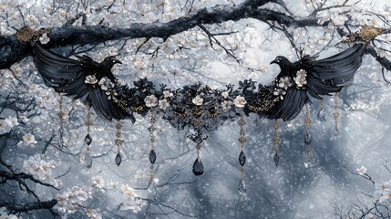 Black birds, floral garland, snowy branches, misty background; fantasy art