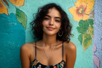 Smiling woman poses in front of vibrant mural with floral designs on a sunny day