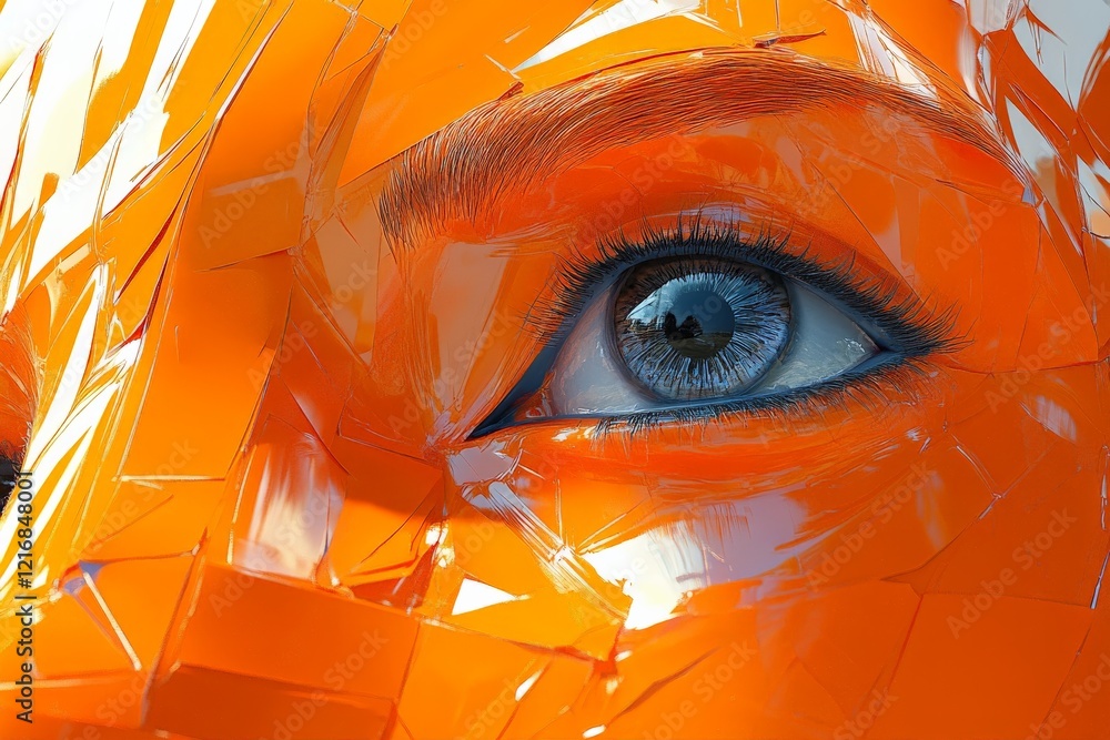 Poster creative portrait showcasing a close-up of an eye embedded in an orange textured surface with vibran