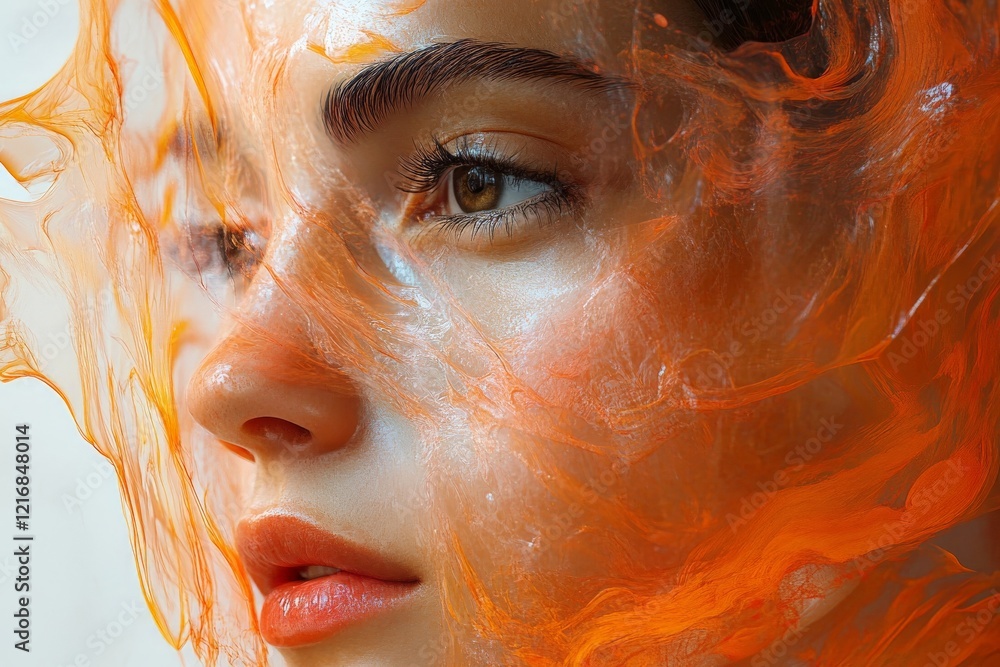 Poster captivating close-up portrait of a young person with vivid orange fabric creating an ethereal effect