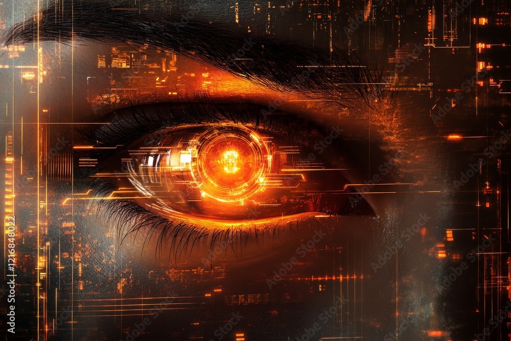 Poster Futuristic eye with digital elements creating a vibrant orange glow against a dark background