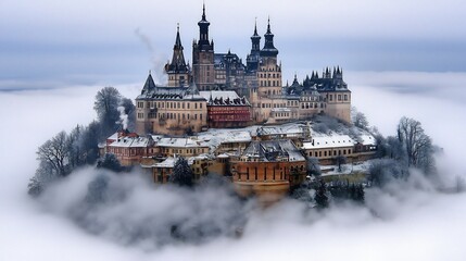 Fototapeta premium Majestic winter castle above clouds, scenic view, fairytale setting, travel photography