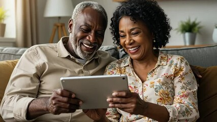 Senior African couple, laughing and happy with tablet at home for leisure, communication and online connection. Black, people and technology with digital device, internet for social media or video cal