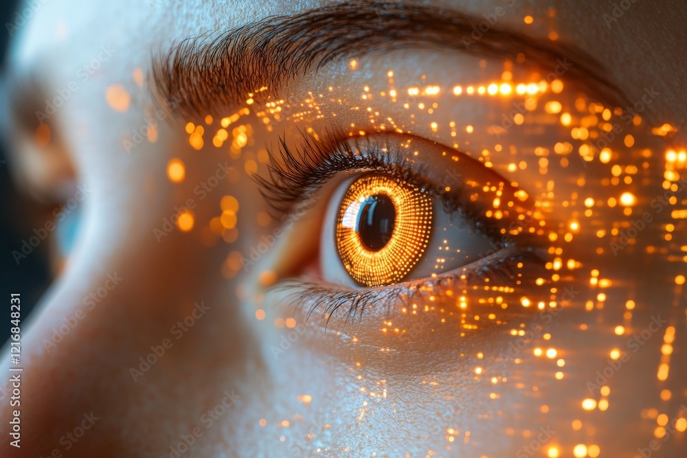 Poster close-up view of an eye with glowing digital elements reflecting technology and innovation in a futu