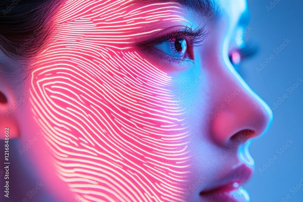 Poster artistic representation of a woman’s profile with glowing fingerprint designs on her face in a moder