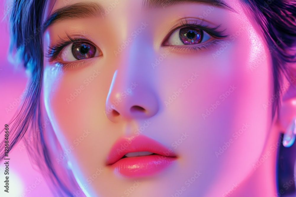 Poster Young woman with beautiful features and captivating gaze illuminated by colorful lights in an artistic setting