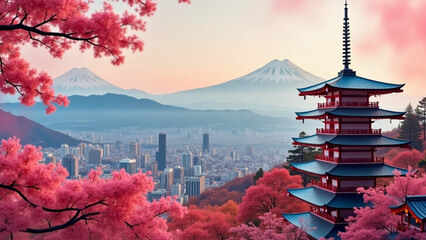 Obraz premium japanese pagoda vista with mountains,