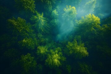 Obraz premium Aerial View Of Lush Green Forest Canopy With Sun Rays Filtering Through Misty Atmosphere