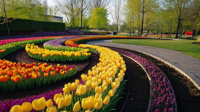 Swirling Tulips Garden: A mesmerizing spiral garden design showcases a vibrant array of tulips in red, yellow, and orange, complemented by purple hyacinths.