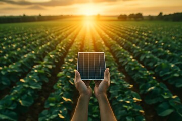 Fototapeta premium Hands Holding A Solar Panel Over A Green Agricultural Field At Sunset Symbolizing Sustainable Farming