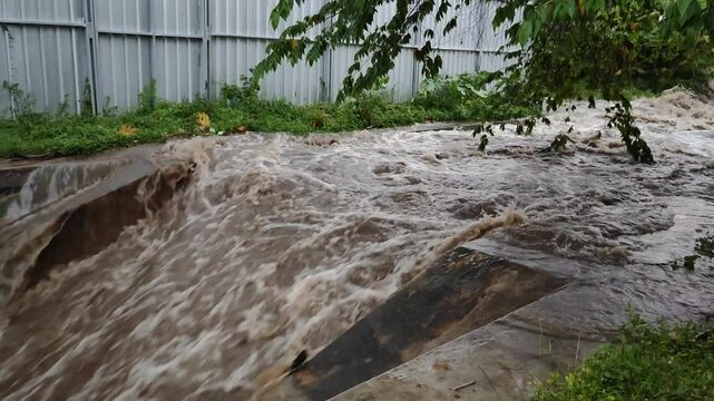 Dirty brown river flow when the river floods