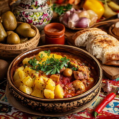 Potato stew with meat, potatoes and vegetables in rustic style