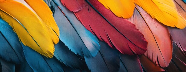 Obraz premium Vibrant feathers showcasing a rainbow of colors in a close-up view.