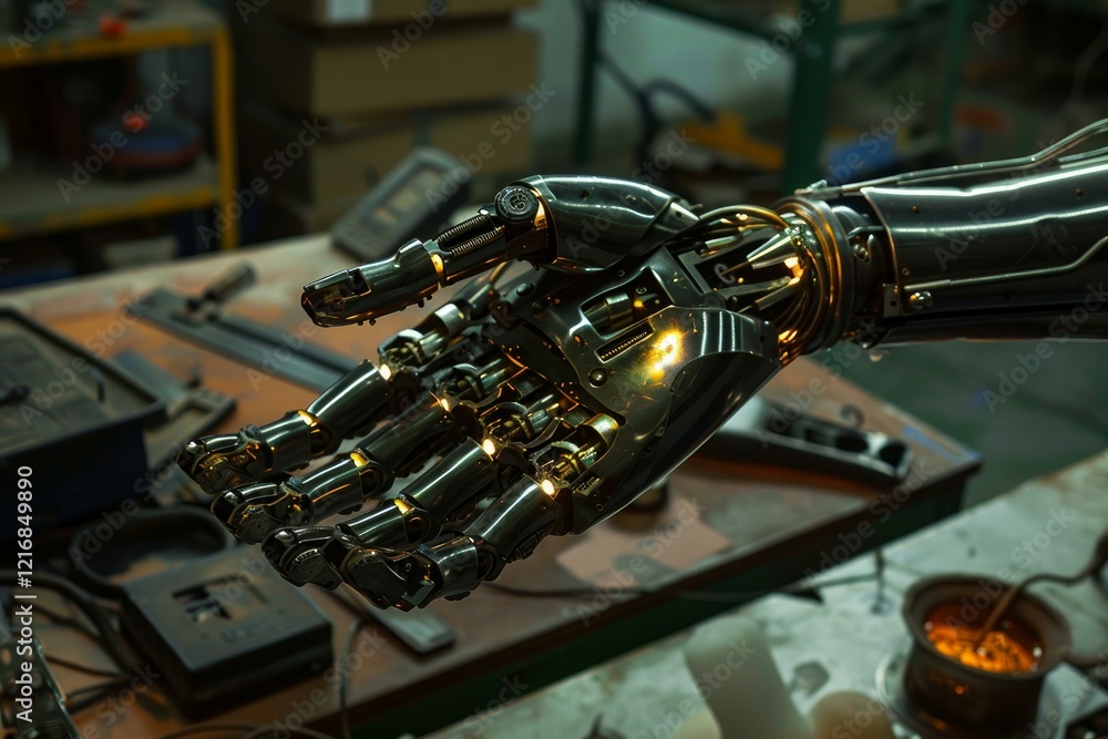 Poster robotic arm with intricate details illuminated in a workshop, showcasing advancements in automation 