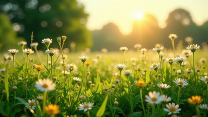 Fototapeta premium Golden Hour Meadow A field of delicate wildflowers basking in the warm glow of the setting sun, a tranquil scene of natural beauty.