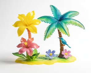 Obraz premium A plastic plant decoration with colorful flowers and green leaves, against a white background. Two small trees in yellow, blue, pink, and purple, one of which is made of porcelain. 