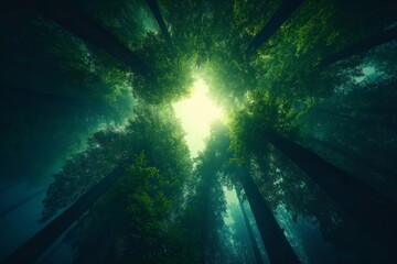 Obraz premium Majestic Forest Canopy With Sun Rays Breaking Through The Tall Trees In A Mystical Atmosphere