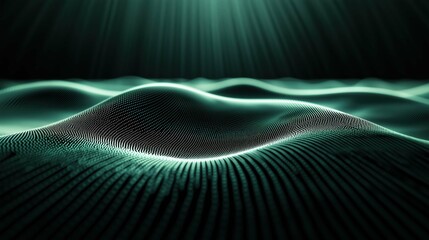 Glowy green curves against a dark fantasy sci-fi background, futuristic waves