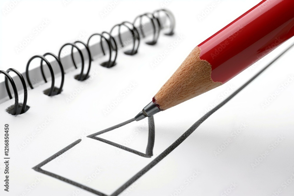 Poster red pencil is checking a checkbox on a white notepad with black spiral binding