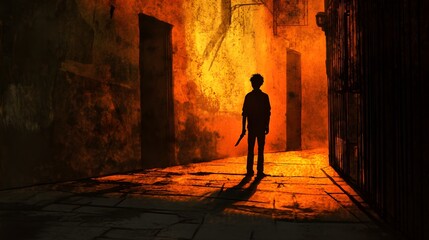 silhouette of man holding knife in dark alleyway