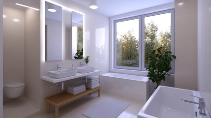 Stylish bathroom design showcases a bathtub, double sink, and large window with plants, creating a serene and inviting atmosphere
