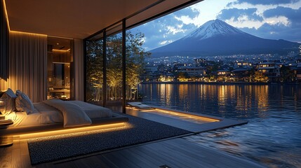 Obraz premium Luxurious bedroom, Mt. Fuji view, lake, Japan