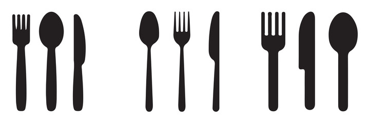 Food, plate, fork, knife, spoon, cutlery icon set. Black simple illustration for dinner, eating food, cafe, restaurant. Illustration EPS 10