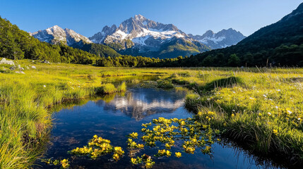 Obraz premium Scenic view of mountains reflecting in a serene lake surrounded by lush greenery