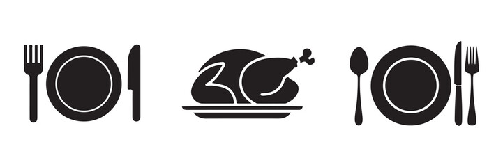 Food, plate, fork, knife, spoon, cutlery icon set. Black simple illustration for dinner, eating food, cafe, restaurant. Illustration EPS 10