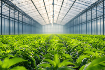 A huge commercial indoor greenhouse with rows and rows green plant crops in the background