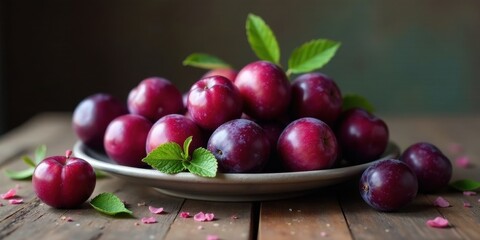 A bowl of ripe, plump, dark red plums, garnished with fresh mint leaves, sits on a rustic wooden surface, surrounded by scattered petals.
