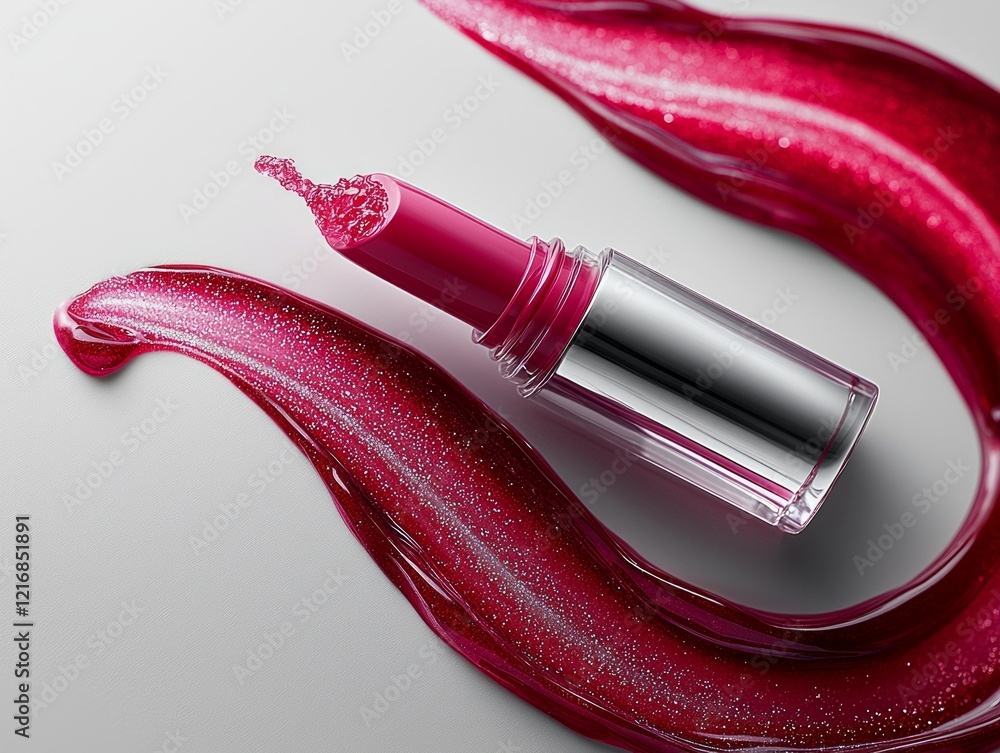 Poster clear pink gloss drips from tip of sleek transparent applicator showcasing refined design against cl