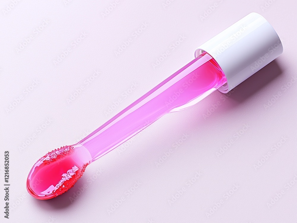 Poster clear pink gloss elegantly slides off tip of transparent applicator showcasing vibrant color and tex