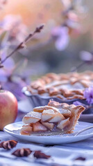 A warm slice of homemade apple pie on a white plate, topped with powdered sugar, soft pastel tones, an out-of-focus lattice pie in the background, and hints of spring blossoms